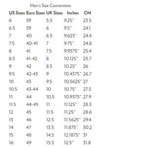 Men's Shoe Conversion Chart - Sizing